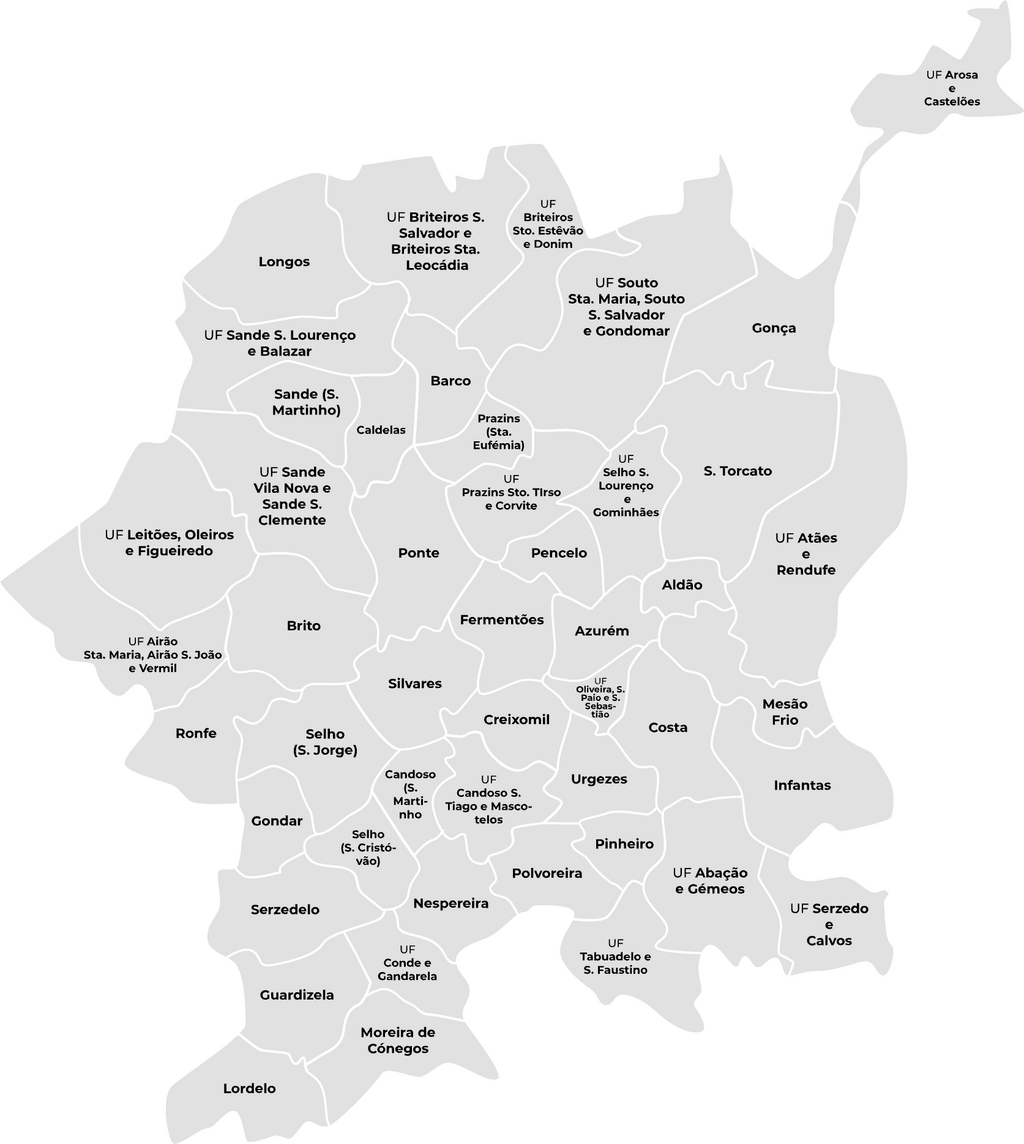 Mapa de Guimar&atilde;es com indica&ccedil;&atilde;o das Freguesias (mais informa&ccedil;&otilde;es na lista acima)